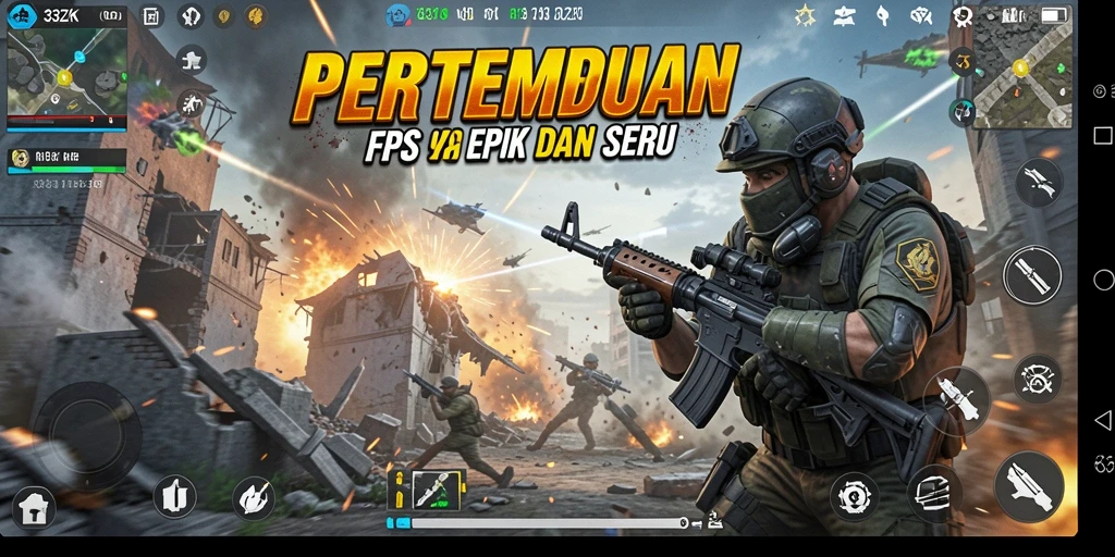 Screenshot menampilkan aksi tembak-menembak intens dalam gameplay FPS.