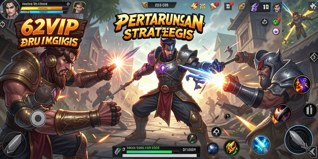 Screenshot <strong>62VIP</strong> menampilkan karakter bertarung dalam arena spektakuler.