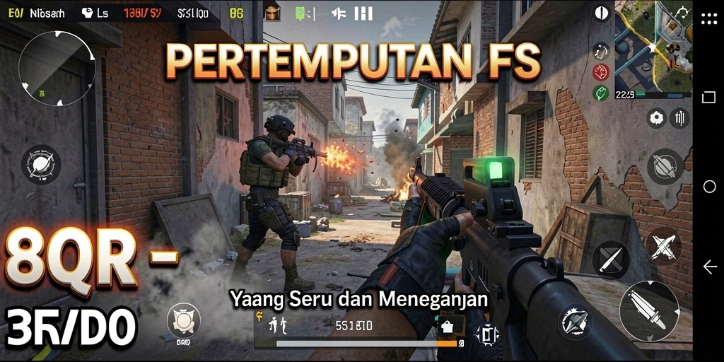 Screenshot 8QR menampilkan aksi pertempuran FPS yang intens dan mendebarkan.