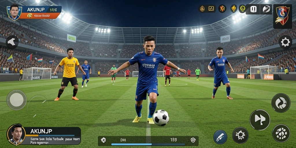 Screenshot gameplay AKUNJP menampilkan aksi menegangkan di lapangan sepak bola.