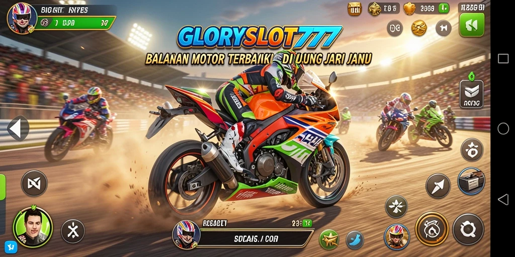 Tampilan gameplay GLORYSLOT777 dengan aksi balapan motor yang seru.