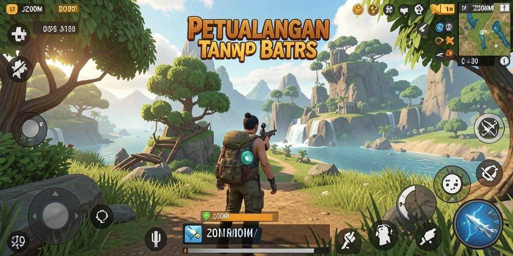 Screenshot gameplay J200M yang menunjukkan petualangan di dunia terbuka.