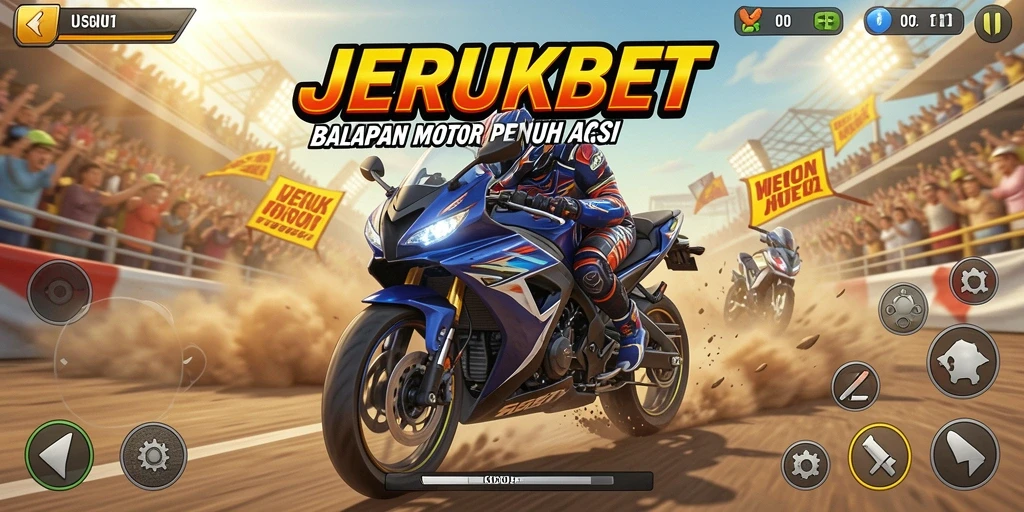 Screenshot utama JERUKBET menampilkan aksi balapan motor yang mendebarkan.