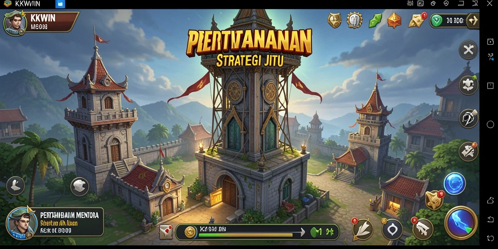 Tangkapan layar gameplay KKWIN menampilkan menara yang aktif sepanjang pertahanan.