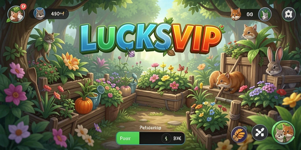 Tangkapan layar permainan LUCKSVIP menampilkan kebun yang subur dan beragam tanaman.