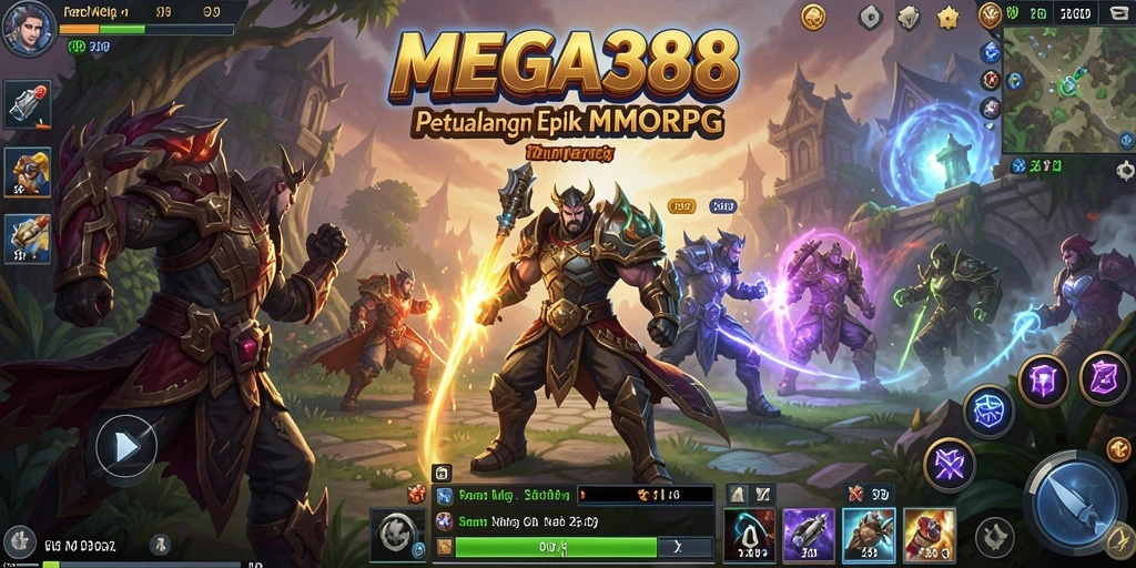 Screenshot menampilkan pejuang dalam pertarungan epik di dunia MMORPG MEGA388.