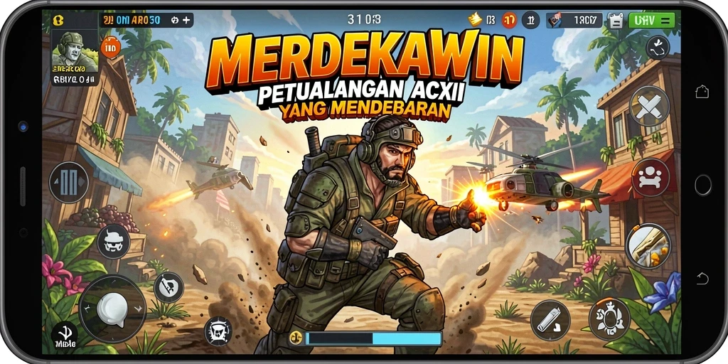 Tampilan aksi seru dalam game MERDEKAWIN dengan pertarungan yang intens.
