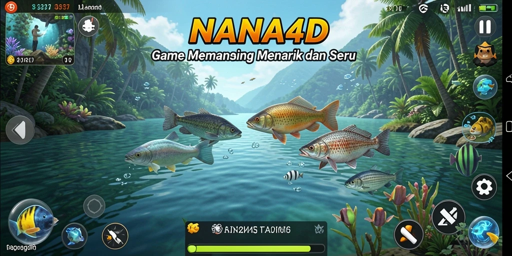Screenshot gameplay NANA4D menampilkan momen seru saat memancing ikan besar.
