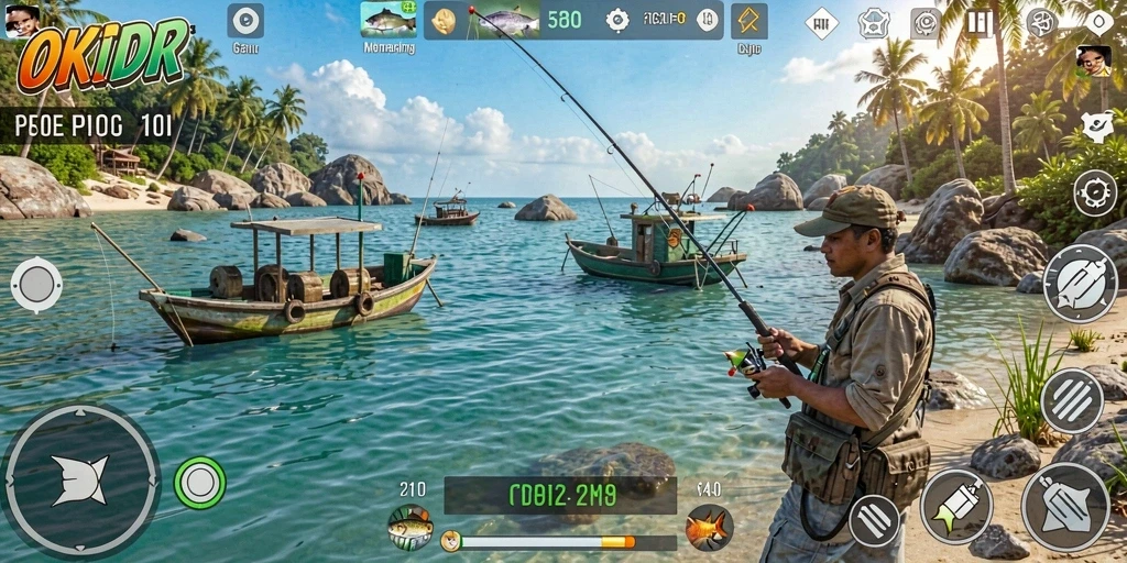 Screenshot gameplay OKIDR yang menunjukkan aksi memancing seru.