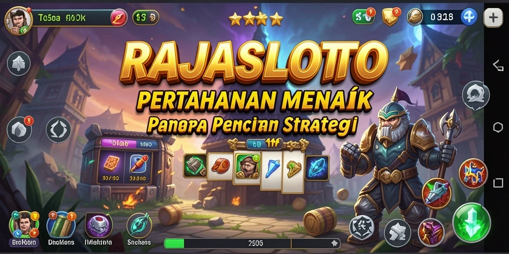 Screenshot gameplay <strong>RAJASLOTO</strong> yang menunjukkan pertahanan menara yang kuat.