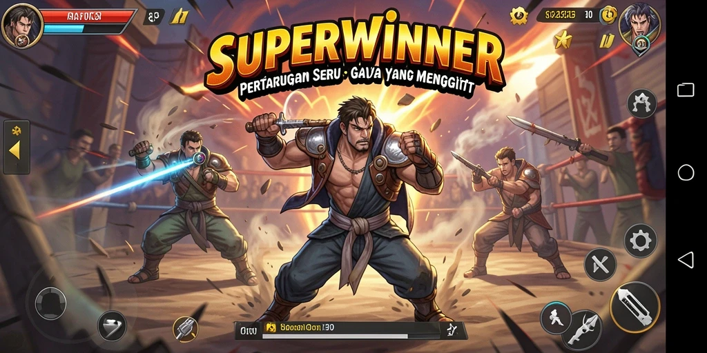 Tampilan gameplay SUPERWINNER saat pertarungan yang mendebarkan.