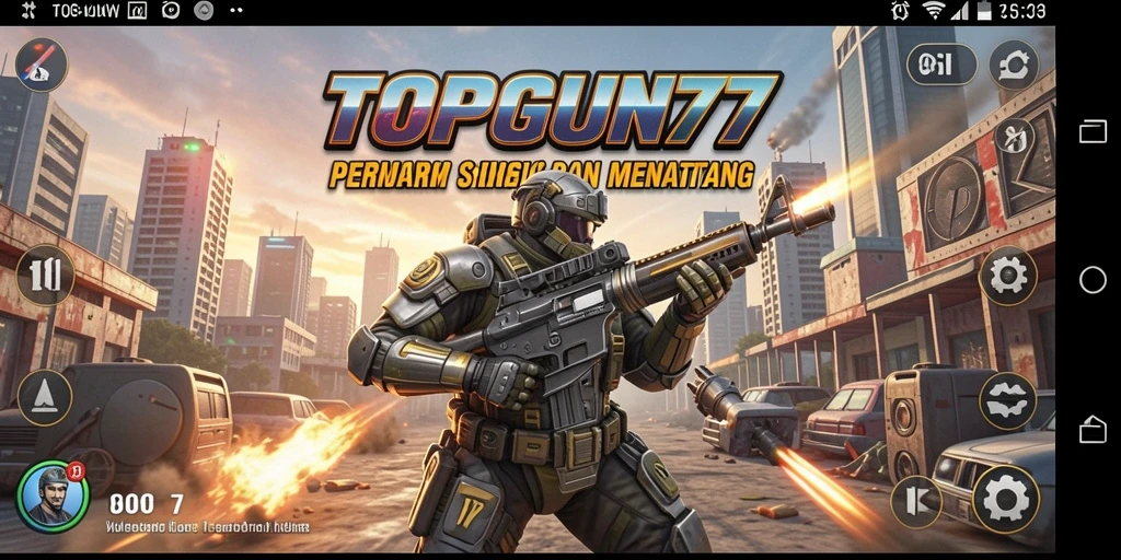 Tampilan gameplay seru dari TOPGUN77 dengan efek musik yang menarik.