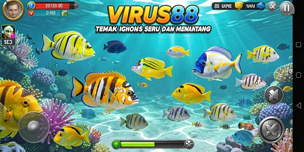 Tampilan gameplay <strong>VIRUS88</strong> yang penuh aksi dalam memancing ikan.