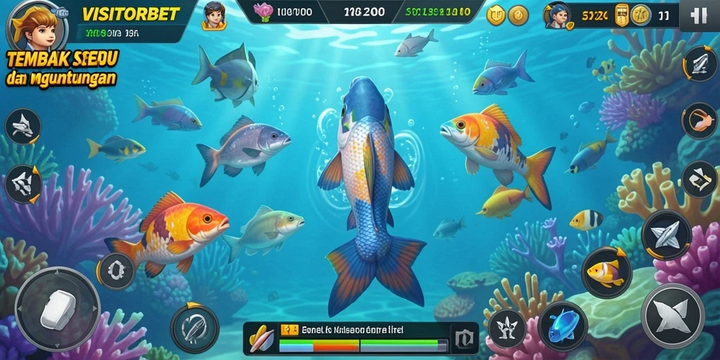 Screenshot gameplay <strong>VISITORBET</strong> dengan aksi menembak ikan yang seru.